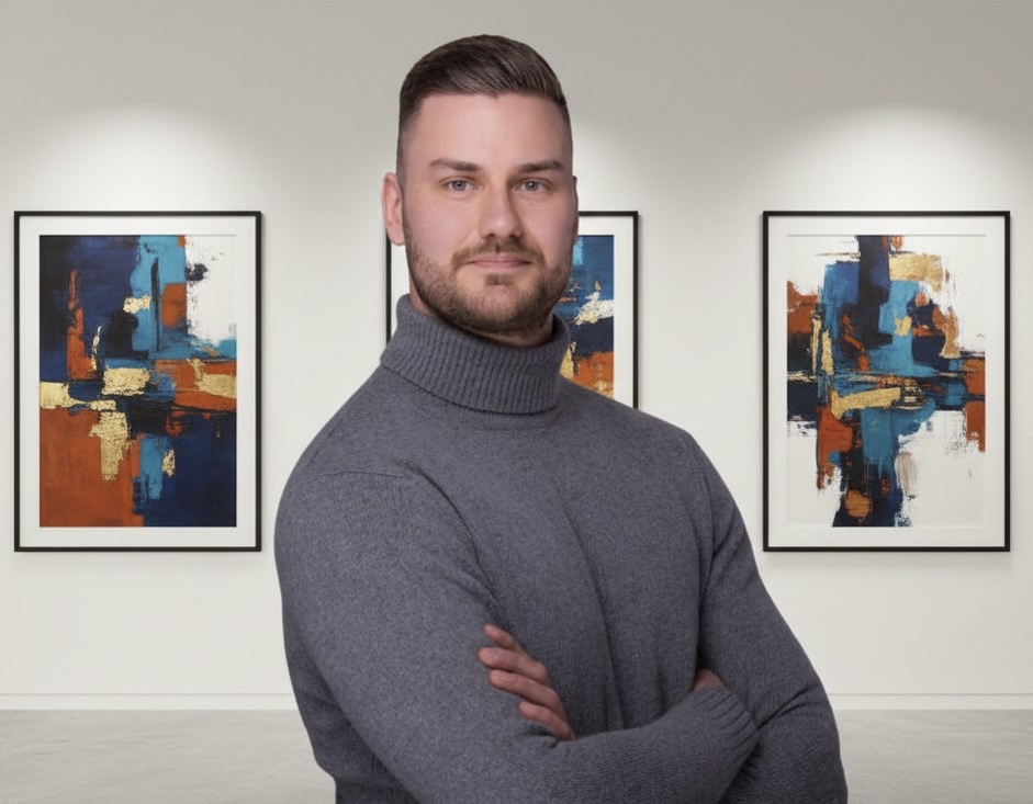 Nicholas Riekert im Atelier vor kuratierten Werken